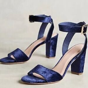 Charlotte Stone Samia Navy Velvet Block Heel Sandals Ankle Strap Sz 8